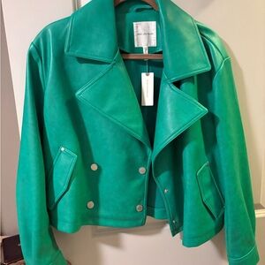 Anthropologie Green Leather Double-Breasted Jacket